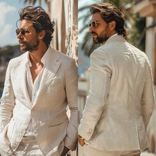 Beige Linen Men's Suits Spring Summer Wear Wedding Groom Tuxedo Slim Fit 2 Piece