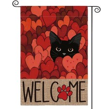Valentines Day Garden Flag 12x18 Inch Double Sided Outside, Black Cat Love Heart