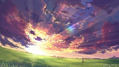 Anime Clouds Sunset Sun Rays Field Outdoors 11x17 Poster