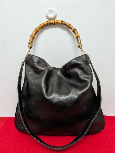 Gucci Bamboo Leather Handbag Shoulder Bag Black Rare