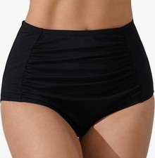 Women’s MIVEI high  Waisted Full Ruched Bikini Swim Bottoms Black Large NWT