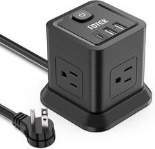 Power Strip 4 Outlets 3 USB Flat Plug 5ft Extension Cord Travel Home Black