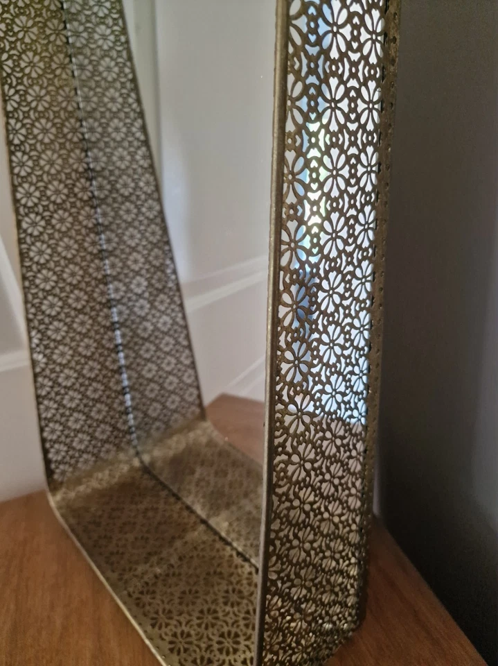 Gold Cut Out Patterned Metal Rectangular Vertical Mirror With Shelf Wall Mounted - Image 3 of 4