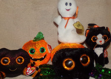 TY Beanie Boos Babies Halloween Lot–Ghost, Pumpkin, Black Cat, Spider– Big Eyes