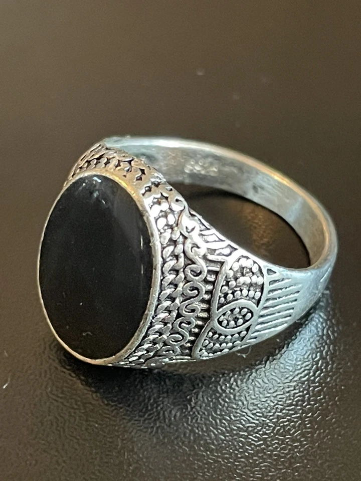 Овальный черный обсидиан драгоценный камень S925 серебро покрытием мужчин женщин кольцо размер 8,5 - Изображение 3 из 4