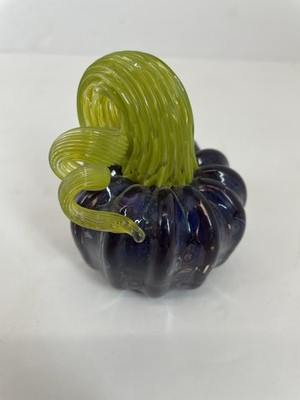 Art Glass Pumpkin Figurine Ornament Dark Purple Iridescent Green Swirl Stem Hand