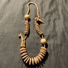 African Safari Necklace Carved Wooden Giraffe Elephant Mixed Media Bead 23” Long