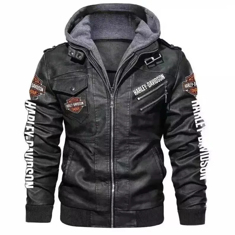H davidson Men’s Motorcycle Jacket Black Leather Hooded Riding Coat Genuine