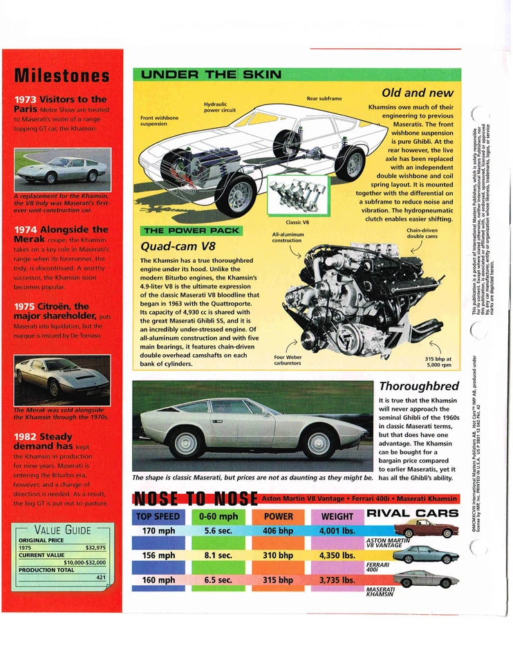 1974/1975/1976 MASERATI KHAMSIN HOJA DE ESPECIFICACIONES / Folleto / Catálogo, '75 Foto 3 de 4