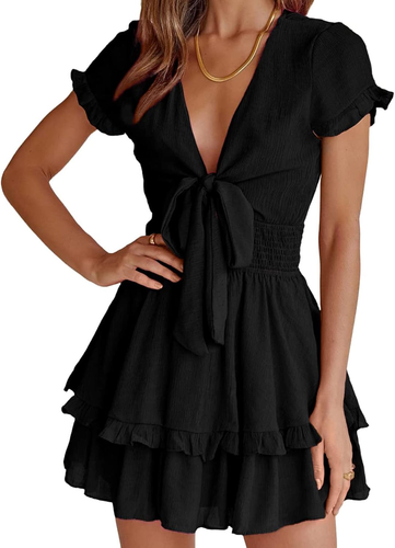 Women'S Summer Swing Mini Dress Casual V Neck Short Sleeve Ruffle Tiered Layer A