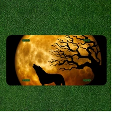Custom Personalized License Plate Auto Tag With Wolf Howling By Moon Design