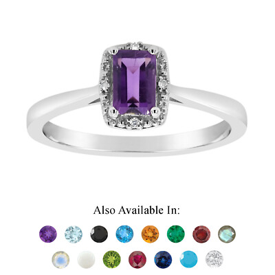 Sterling Silver 6x4mm Emerald Cut Genuine Natural Amethyst Diamond Accent Ring
