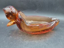 Vintage MCM Duncan Miller Duck Cigar Rest and Ashtray 9" Long Heavy Amber Glass 