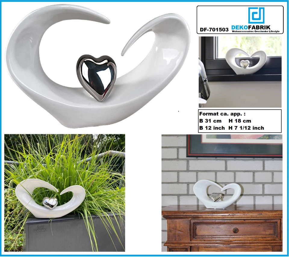 Deko-Skulptur-silberfarbenem-Herz-Steingut-weiß-silber glasiert B 31cm H 18cm - Bild 1 von 4