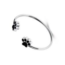 Paw Print Silver Cremation Stainless Steel Flex Cuff Bangle Bracelet