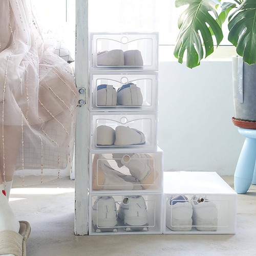 6X Plastic Shoe Storage Boxes Drawer Stackable Foldable Organiser Clear Duarble - Picture 6 of 10