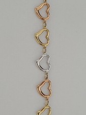 14k Gold Tri Color Open Heart Bracelet Yellow White Rose Gold 7.5" Adjustable