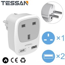3-IN-1 UK to Europe Travel Plug Adaptor with 2 USB Ports for Spain France Russia