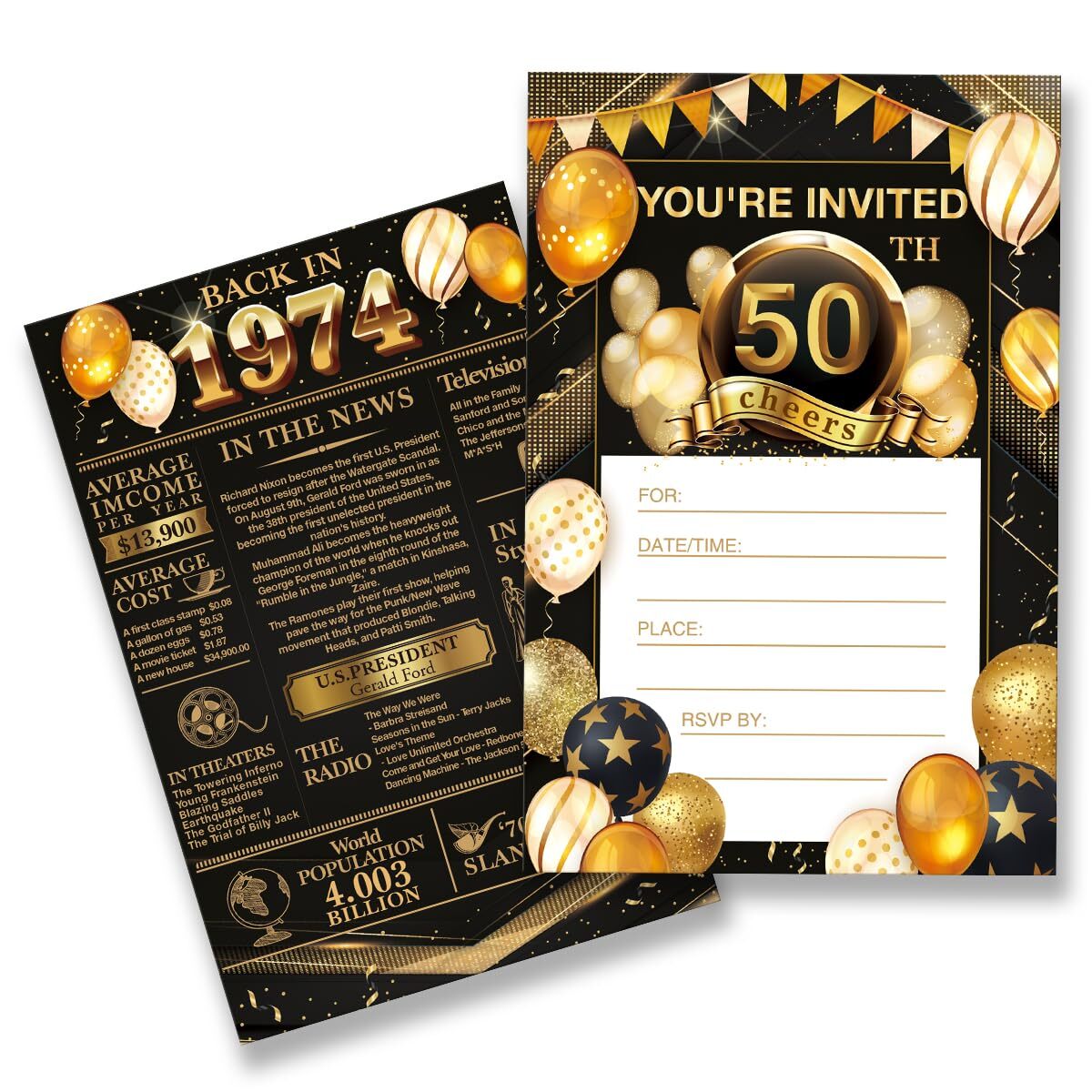 50th Birthday Party Invitations - Back in 1974 Invites Black and 