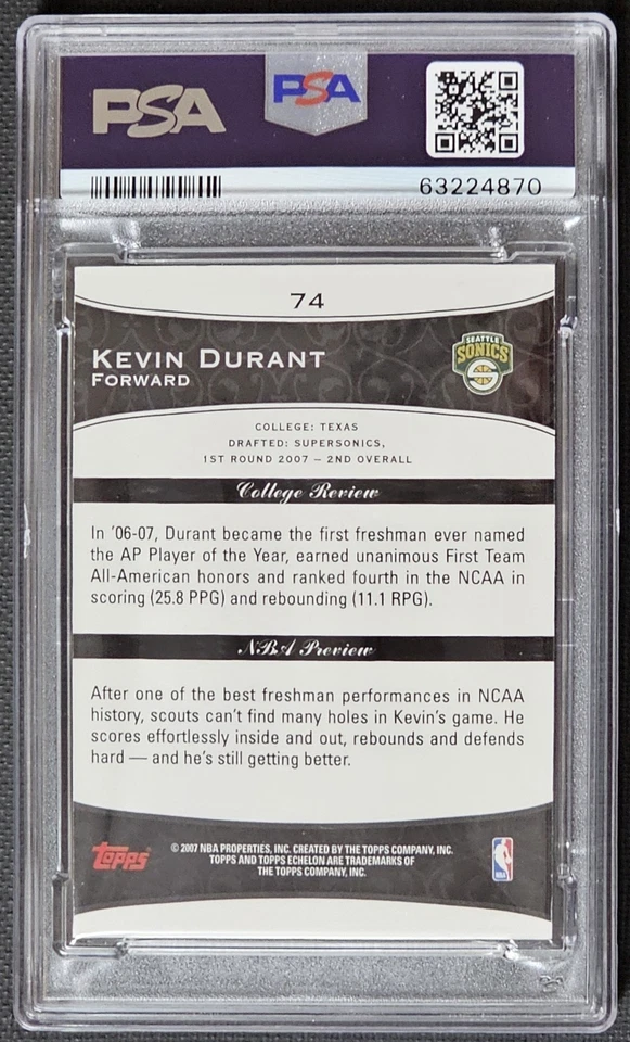 2007 Topps Echelon #74 Kevin Durant PSA 9 RC Seattle Supersonics Rookie /999 - Image 2 of 4