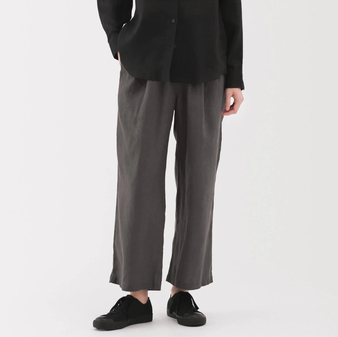 Size Small MUJI Womens 100% Linen Washed Easy Wide Pants charcoal gray