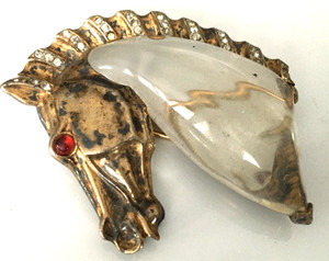 Vtg Fur Dress Brooch Pin MARKED TRIFARI 925 STERLING SILVER Lucite Horse Head