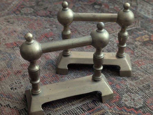Vintage Brass Andirons Fireplace Log Holder Cast Iron Fire Dog Set Antique Art - Picture 4 of 21