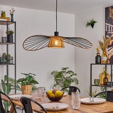 Moderne Boho-Stil Decken-Hängeleuchte, Metall & Papiergeflecht, Schwarz/Natur