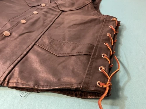 Black Leather Motorcycle Vest Medium - Heavy Built - Nice Unused - Leather Ties image 5