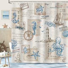 Vintage Nautical Coastal Shower Curtain Sailboat Ocean Turtle Seahorse Shower Cu