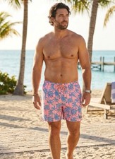 Vineyard Vines Men's Swim Trunks, Size XXL   Neon Pink with Blue Palm Tree Print
