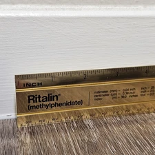 VINTAGE RITALIN CIBA 12" METAL RULER! mm/METRIC CONVERSIONS! GOLD COLOR METAL!