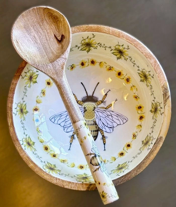 Juego de Cuenco y Cuchara para Servir Artesanal Abeja Floral French Country 8" Nuevo Foto 2 de 4