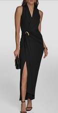 Donna Karan Jersey Brooch Accent Maxi Dress,black,Sz 14,New