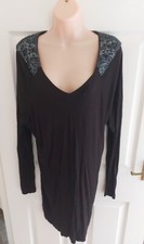 French Connect BLACK SPARKLY BEADED SHOULDER long sleeve dress M y2k
