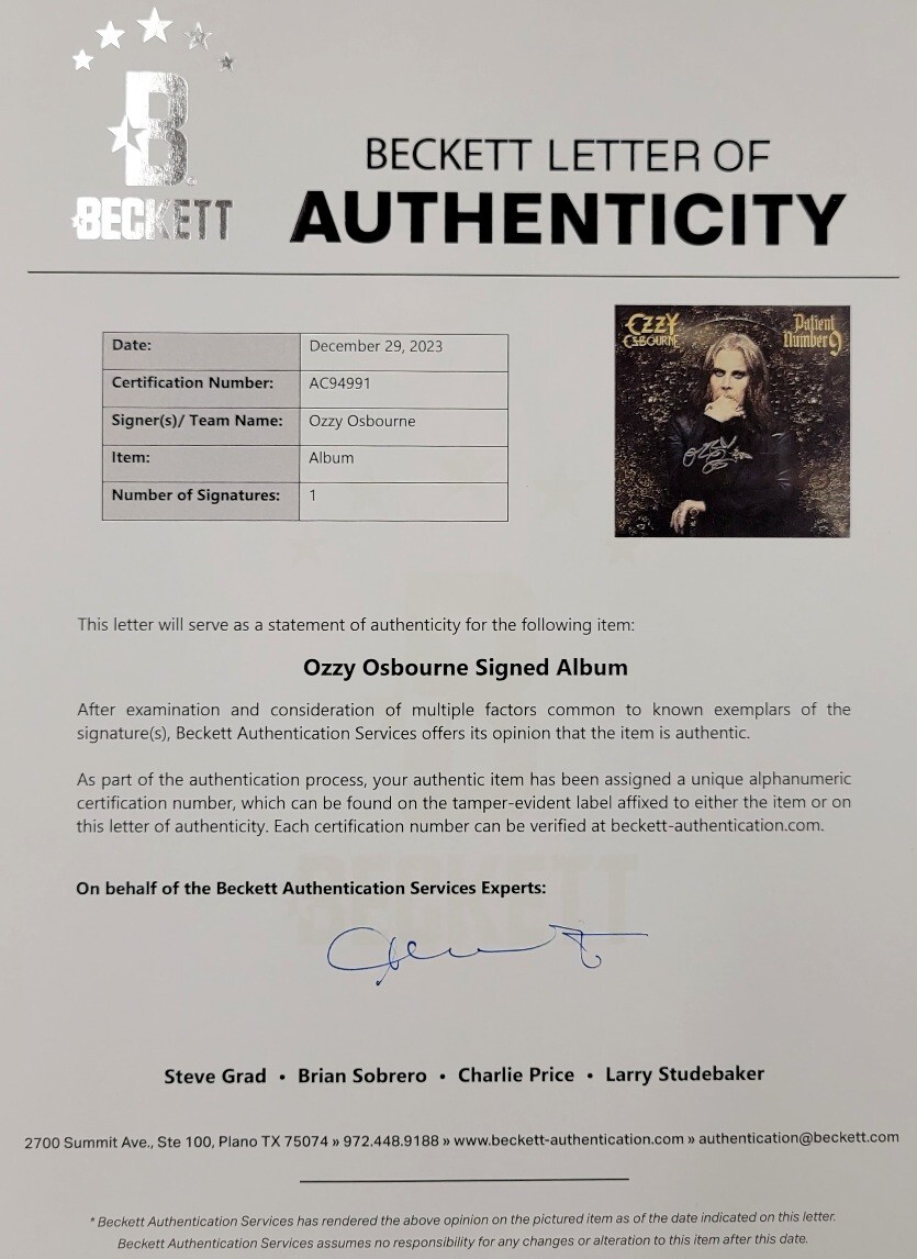 Ozzy Osbourne signed Patient Number 9 Violet Vinyl Cover autograph