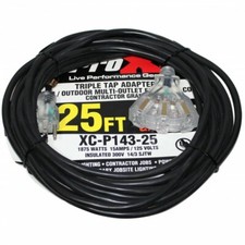 Pro X 25 Ft. 120VAC NEMA 15 Male to 3 Socket Female Power-Extension Cord 14 AWG