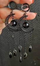 PAIR Black Filigree Moon Dangle Internally Threaded Tunnels Plugs Earlets Gauges