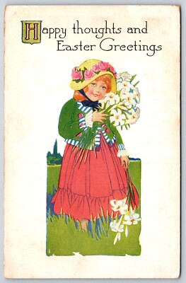Art Deco~Happy Thoughts Easter Greetings~Girl W/ Bouquet Of Flowers~Vtg Postcard