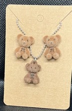Teddy Bear Dark Brown Soft Small Hypoallergenic Stud Earrings Necklace Set