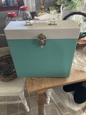 Vtg Vinyl Record Metal Carrying Case Teal  Grey w/ Clear Handle Capacity 30 