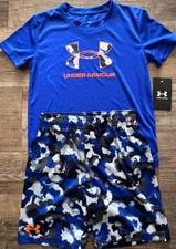 NWT Under Armour Little Boys 6 Royal Blue/Black/Gray/Orange Camo Logo Shorts Set