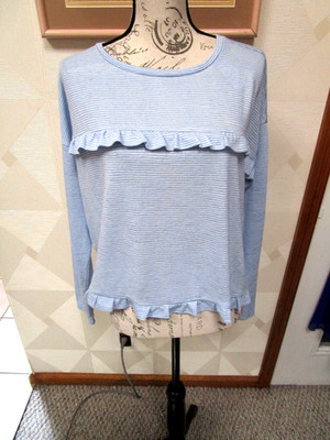 LOFT-BLUE/WHITE-RUFFLED YOKE- LONG  SLEEVE-ROUND NECK-KNIT TOP-SIZE-L-NWT-$46