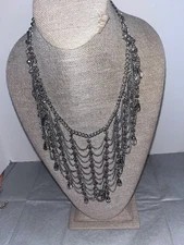 STATEMENT Multi-Strand Silver Chain  Bib Choker NECKLACE W/Rhinestones 21” Lot R