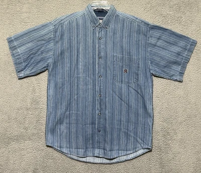 Vintage COLISEUM JEANS Mens Large Blue Striped CREAST LOGO Cotton Denim Shirt - Image 1 of 4