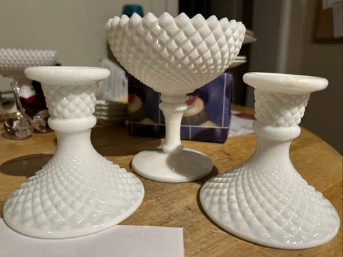 Vintage Westmoreland Milk Glass Diamond English Hobnail Pedestal Candy Dish