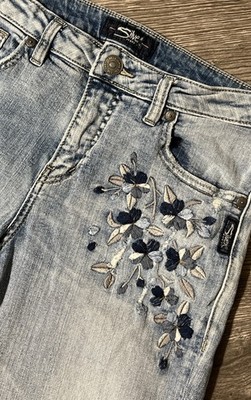 Silver Jeans Izzy Ankle Skinny Floral Embroidered Mid Rise Jeans SZ 28x27