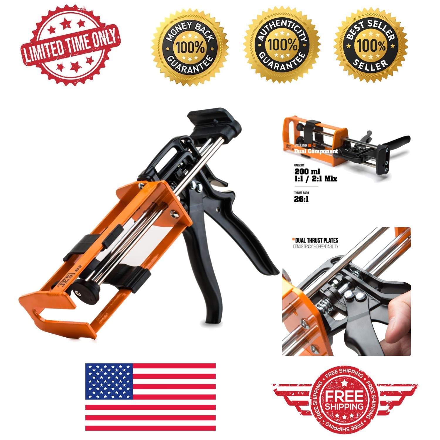 Professional 200 ml Dual Component Gun: 26:1 Thrust Ratio for Smooth Application