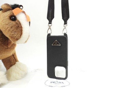 Prada iPhone 14 Pro Crossbody Case Black Saffiano Leather Triangle Logo japan