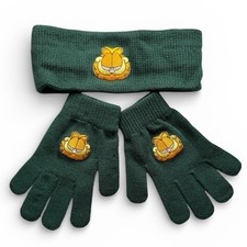 90s NOS Garfield The Cat Gloves Headband Set Embroidered Patch Green Knit NWOT